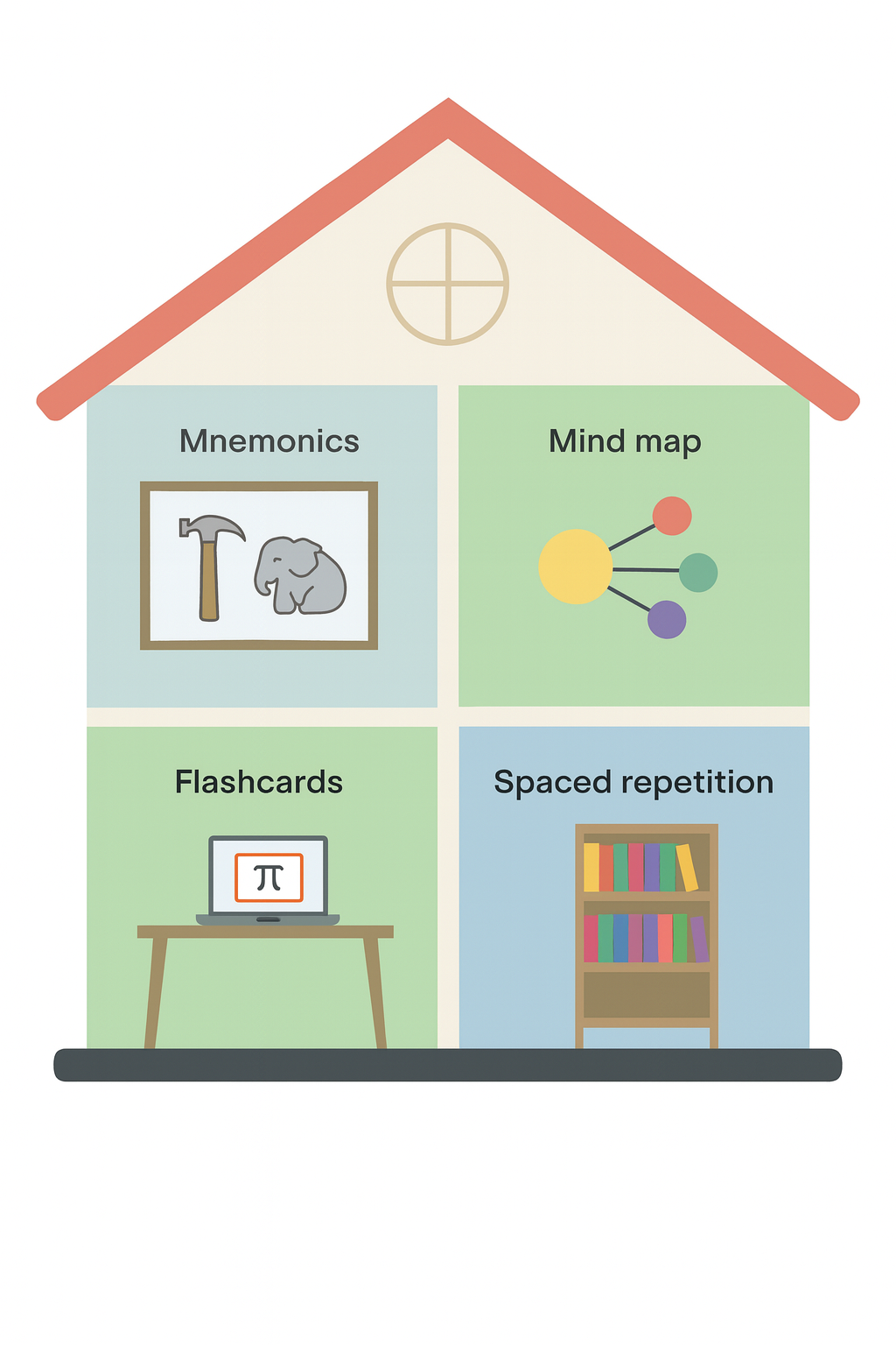 An illustration of a house with different study concepts placed in each room.