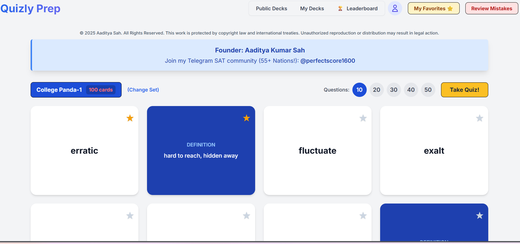 Quizly Prep Smart Flashcard App Interface on a Desktop